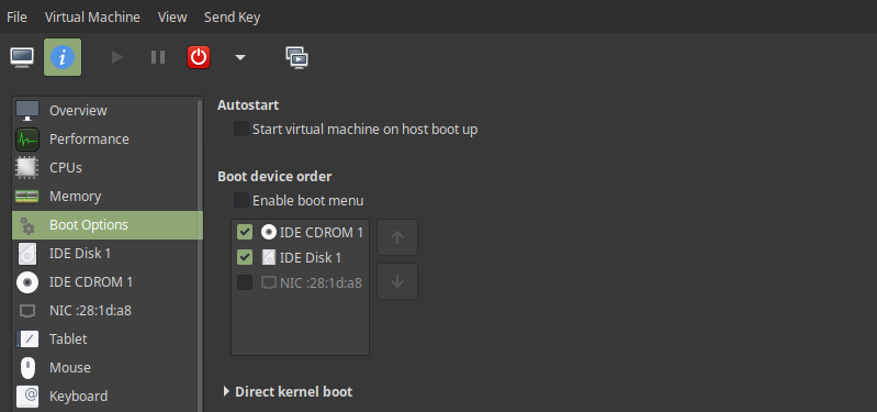 Boot Options i Virt-manager Virtual Machine Manager